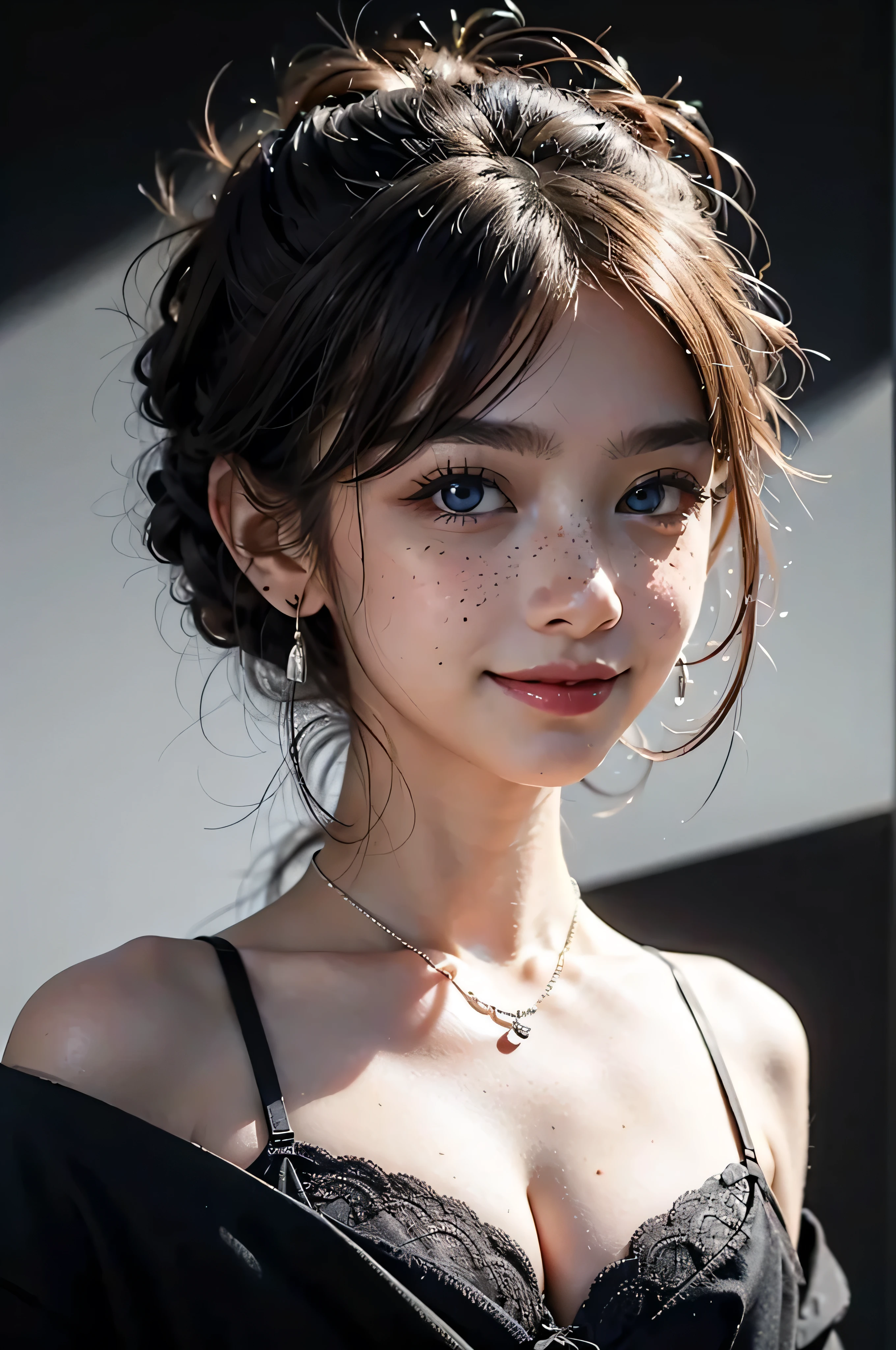 masterpiece, Highest quality, Super detailed, Super detailed, Realistic, Sharp features, Very detailed, Sharp focus, ((Small: 2.0)), Perfect Face, Perfect Face, Perfect symmetrical perfect eyes, Perfect Plump Lips, Flexible female form, cinematic, Film Light, Super detailed, hyper Realistic, High resolution, Vibrant, Dynamic Studio Lighting, ((Dark Background)), Sexy Face, The expression when receiving pleasure, Exposed cleavage, Blue eyes, bra, freckles, earrings, necklace, smile
