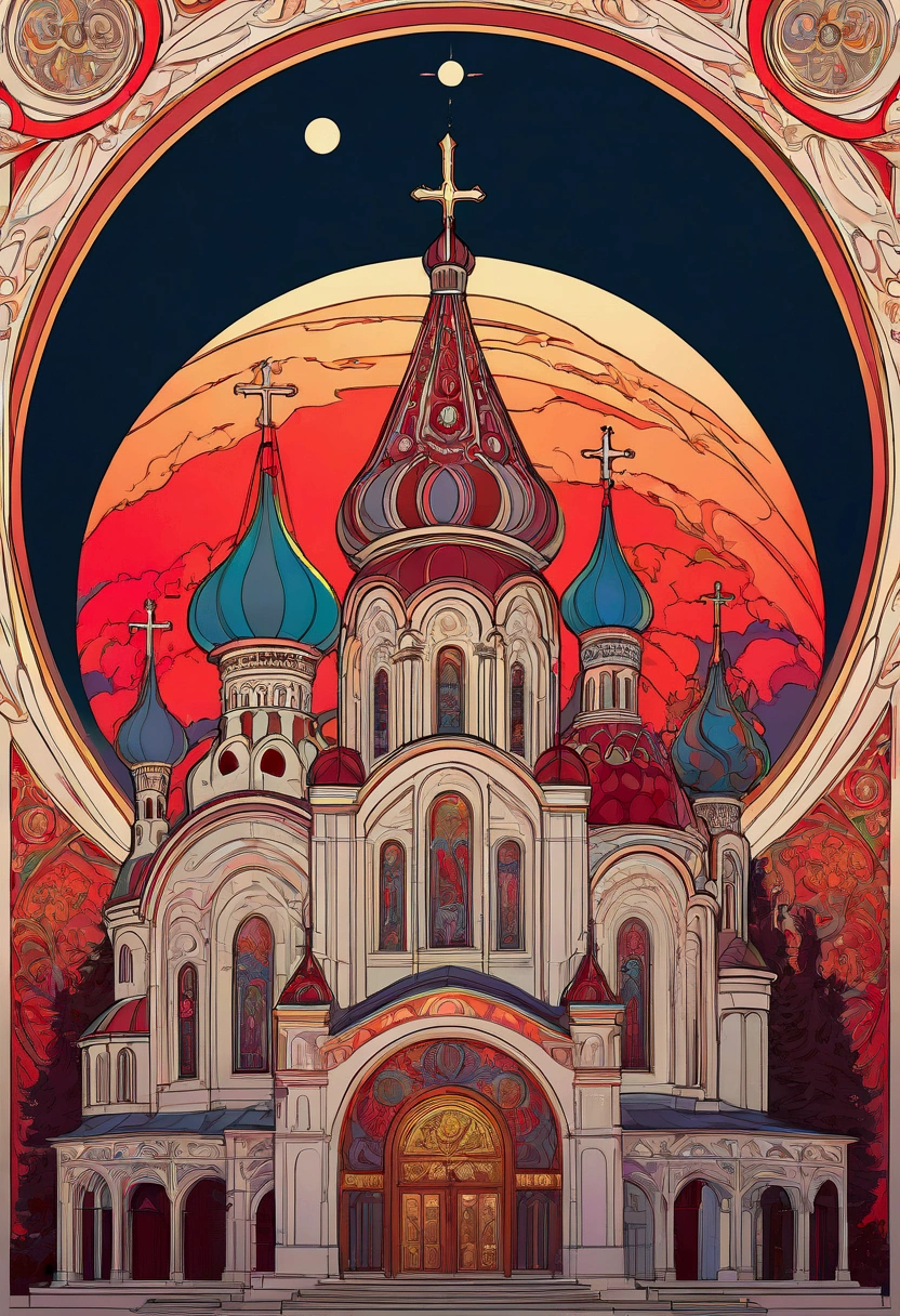 Coloring Book, White background,A dramatic Orthodox church against a night sky with a large red moon, inspired by the Slavic epic illustrations of Ivan Bilibin, the luminous architectural paintings of Igor Grabar and the ornate art nouveau designs of Alphonse Mucha, with the intricate details and grand scale of Yuri Ivanovich Pimenov's Cathedral of the Sun and the fantastical digital art of Beeple, all in the distinctive style of Alexander Deineka and Andrey Esionov, with an precisely composed, photorealistic rendering.structure