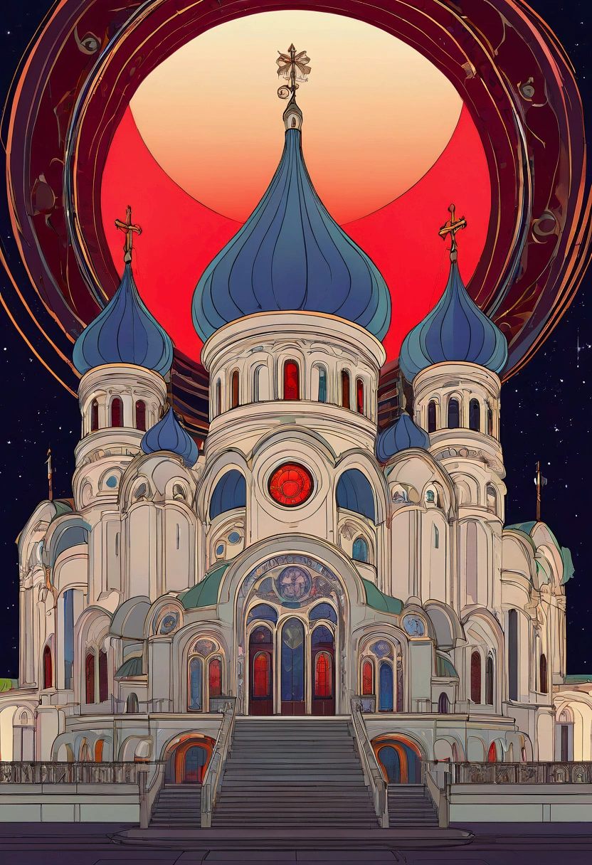 Coloring Book, White background,A dramatic Orthodox church against a night sky with a large red moon, inspired by the Slavic epic illustrations of Ivan Bilibin, the luminous architectural paintings of Igor Grabar and the ornate art nouveau designs of Alphonse Mucha, with the intricate details and grand scale of Yuri Ivanovich Pimenov's Cathedral of the Sun and the fantastical digital art of Beeple, all in the distinctive style of Alexander Deineka and Andrey Esionov, with an precisely composed, photorealistic rendering.structure