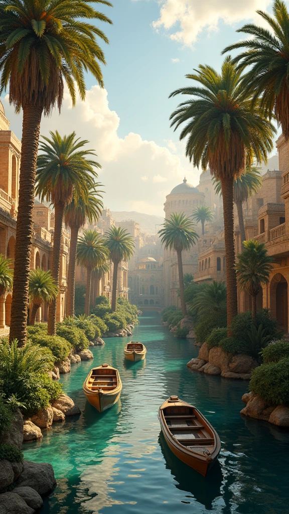 ancient babylon garden and city, full of palm trees,river, boats, cinematic ,realistic, beautiful