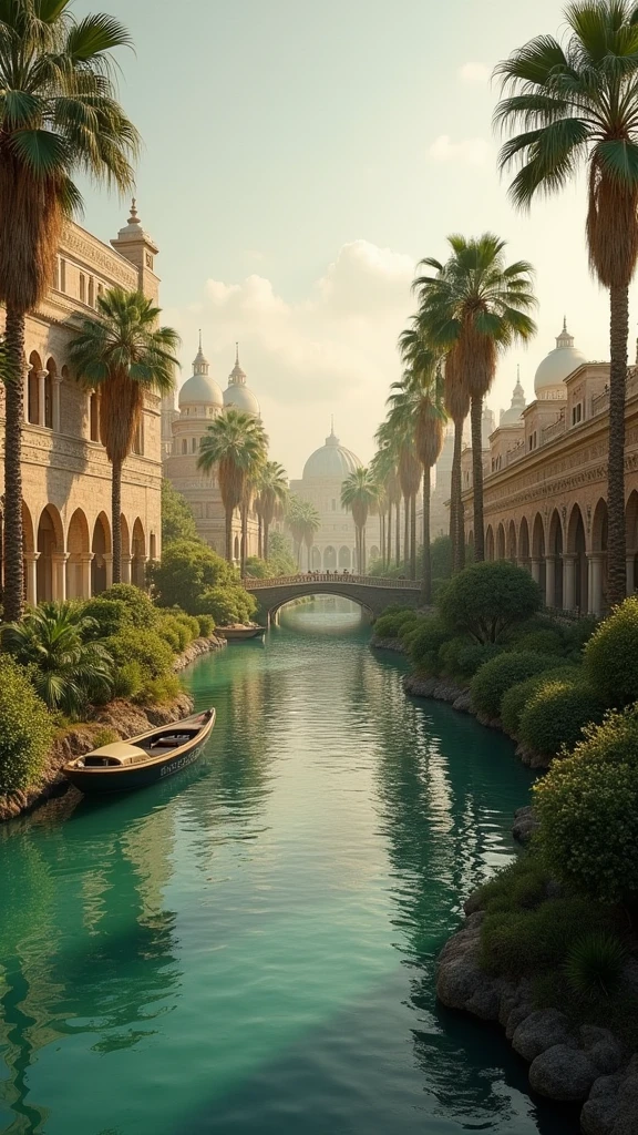 ancient babylon garden and city, full of palm trees,river, boats, cinematic ,realistic, beautiful