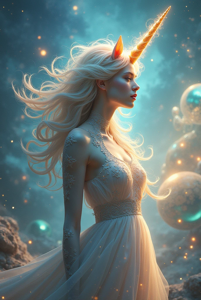 Unicorn humanoid female, surreal scene, surreal,