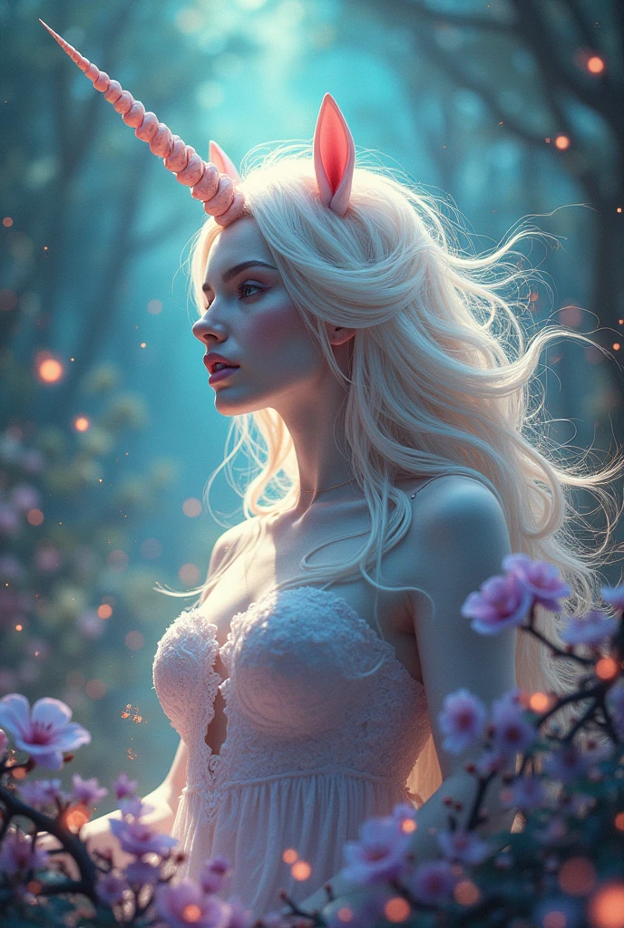 Unicorn humanoid female, surreal scene, surreal,