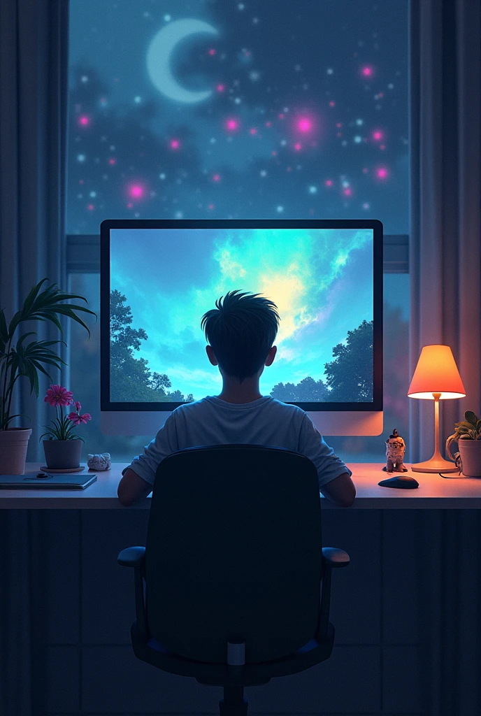  A person sitting in front of a computer, with the screen reflecting a fantasy world, but with empty eyes and a tired expression. around, small characters representing different emotions and situations related to addiction.]