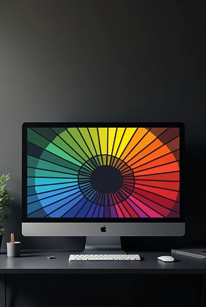 Generate a color wheel photo of a color palette on a black table , with a computer. in the digital marketing scene with a minimalist black style 