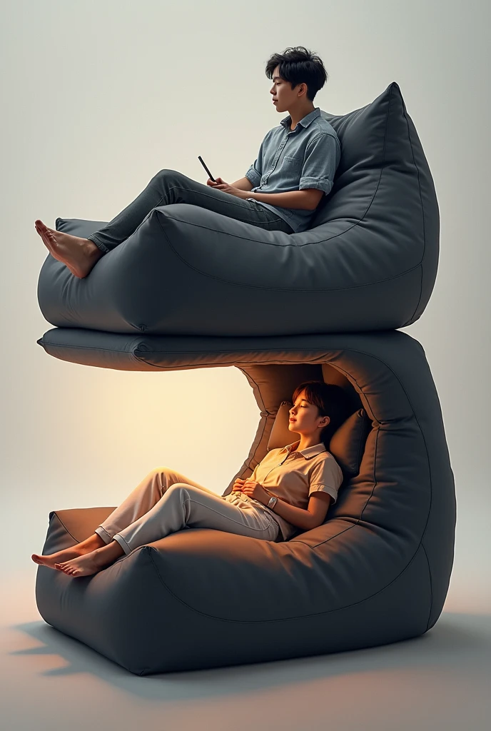 **"Design a large, multifunctional bean bag chair that serves both as a seating area and a sleeping space. The chair should be spacious enough to comfortably accommodate one person lying down, while also providing an upper section where another person can sit. The design should demonstrate how one person can be sleeping inside the chair while another person is sitting on top of it without obstructing each other. The sleeping area should be darkened or enclosed to create a cozy, private space for rest. The overall design should ensure that the seating and sleeping functions are integrated seamlessly, allowing for both activities to be performed simultaneously without interference."**
---