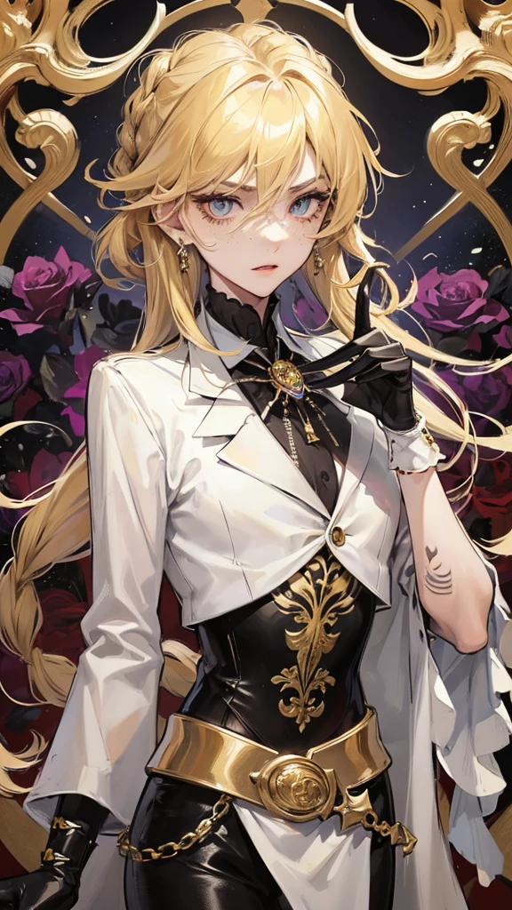 1 boy, anime, high quality, intricate details, futuristic, androgynous, casino setting, elegant, suit, messy hair, blonde hair, effeminate, gloves, stern expression, waistbelt, brooch, golden eyes, freckles, demon horns, messy hair, small braid, earrings, tattoos