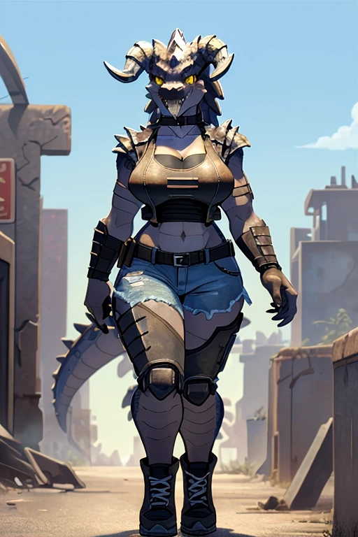 ((4k)), (best body), (sexy women), Solo, score_9,score_8_up,score_7_up, kemono style, Anthro deathclaw from fallout, Anthro reptile girl, snout, green scaled skin, gold eyes, black lips, black horns, black ram horns, athletic body, smiling, walking in a ruined city, holding a rusty gun, wearing bodyarmor, bulletproof vest, blue jean shorts and a blue tank top, sfw, intimidating woman, monstergirl, commission for high res, female dragonborn, well designed female dragon head, anthro lizard, female fursona,  (diamond pupils), (large eyes) 