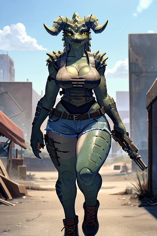 ((4k)), (best body), (sexy women), Solo, score_9,score_8_up,score_7_up, kemono style, Anthro deathclaw from fallout, Anthro reptile girl, snout, green scaled skin, gold eyes, black lips, black horns, black ram horns, athletic body, smiling, walking in a ruined city, holding a rusty gun, wearing bodyarmor, bulletproof vest, blue jean shorts and a blue tank top, sfw, intimidating woman, monstergirl, commission for high res, female dragonborn, well designed female dragon head, anthro lizard, female fursona, (diamond pupils), (large eyes)