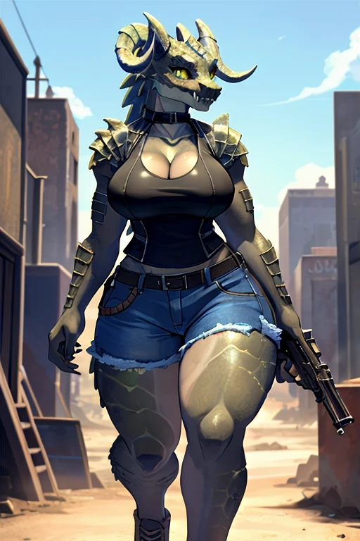 ((4k)), (best body), (sexy women), Solo, score_9,score_8_up,score_7_up, kemono style, Anthro deathclaw from fallout, Anthro reptile girl, snout, green scaled skin, gold eyes, black lips, black horns, black ram horns, athletic body, smiling, walking in a ruined city, holding a rusty gun, wearing bodyarmor, bulletproof vest, blue jean shorts and a blue tank top, sfw, intimidating woman, monstergirl, commission for high res, female dragonborn, well designed female dragon head, anthro lizard, female fursona,  (diamond pupils), (large eyes) 