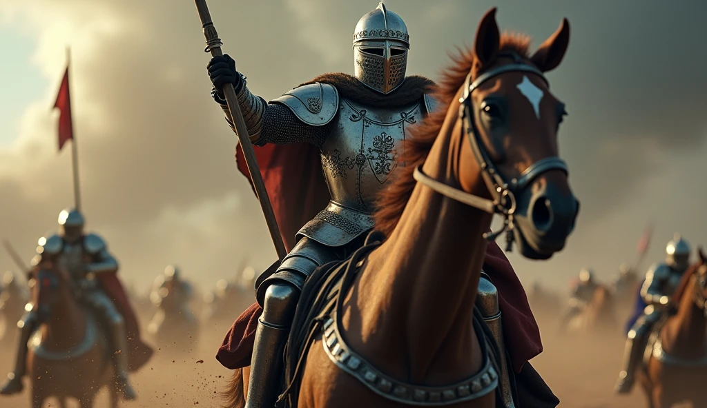 A close-up of an iconic 14th-century French knight charging into battle on a powerful warhorse. The knight is clad in gleaming armor, with a distinctive crest on his helmet, reflecting the faint light of a clouded, smoke-filled battlefield. His lance, adorned with a battle-worn pennant, is held firmly in his hand as he prepares to strike. The warhorse, muscular and intense, kicks up earth as it gallops forward, its nostrils flaring and eyes wide with the fury of battle. The scene is shot from a slightly off-center angle, giving a dynamic perspective that emphasizes the knight's determination and the sheer force of the charge. The background is a blur of swirling smoke and dark clouds, adding to the sense of chaos and impending conflict. Dust and debris are kicked up by the horse's hooves, heightening the dramatic tension. The overall mood is dark and cinematic, capturing the raw power and intensity of medieval warfare in a moment of frozen time., Surrealism, Hyperrealism, UHD, retina, masterpiece, accurate, anatomically correct, textured skin, super detail, 16k