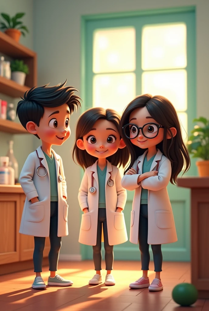 Disney Pixar style image where 3 nutritionists appear standing, a nutritionist boy with short black hair in a white doctor's coat, a nutritionist girl with shoulder-length brown straight hair who also has a white doctor's coat and a girl with long wavy black hair and glasses who has a white doctor's coat