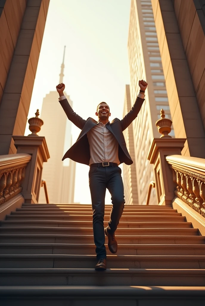 A man is walking in up direction of the succes stairs cheering his victory in the city