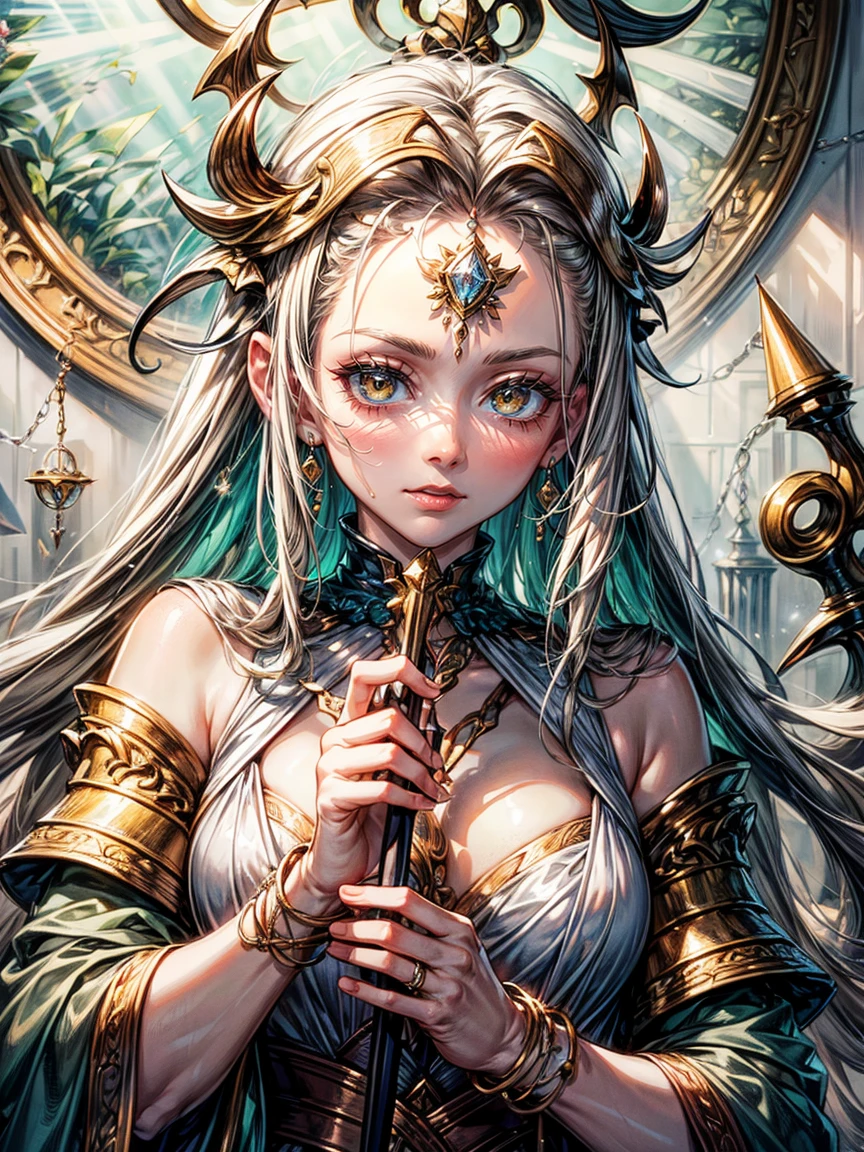 masterpiece,highest quality,Ultra high definition, The Goddess Themis, Greek mythology,((Forehead hair)),white hair,(The balance scales of justice in my hand),(holding up the scales),deep brown eyes, white draped robe, scales, (Deep brown eyes)