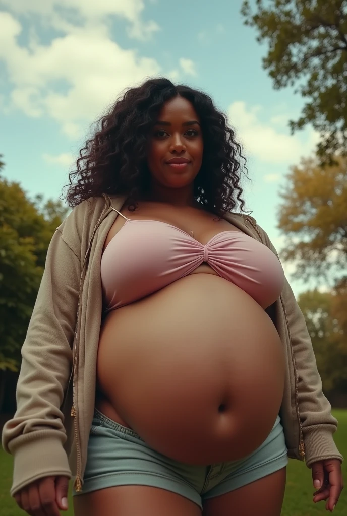 Pov fisheye angle view when having a stepmother cardi b with a plus size body with sagging breast size who is pregnant with a very big stomach around 40 weeks like a giant and wants to eat you because she is hungry outdoors. HD, realface, cinematic
