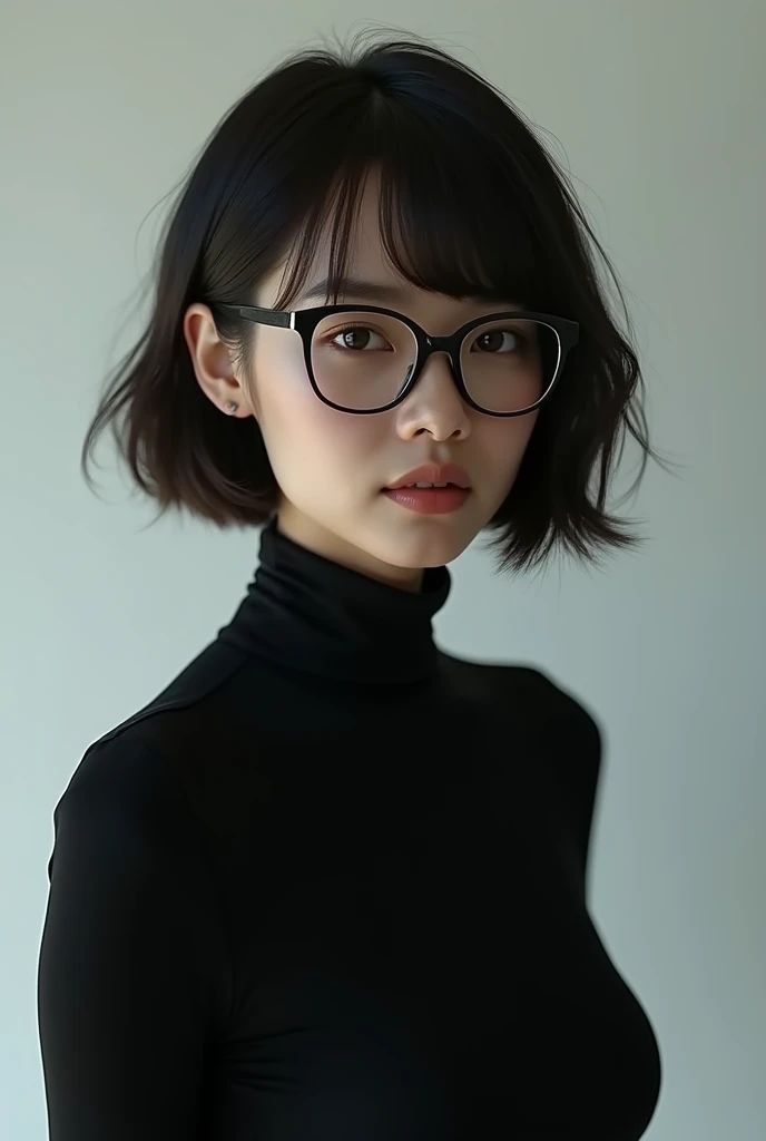 A Brazilian woman with Korean features and black clothes with short hair and a fringe and all black hair with prescription glasses with a slightly flat nose
