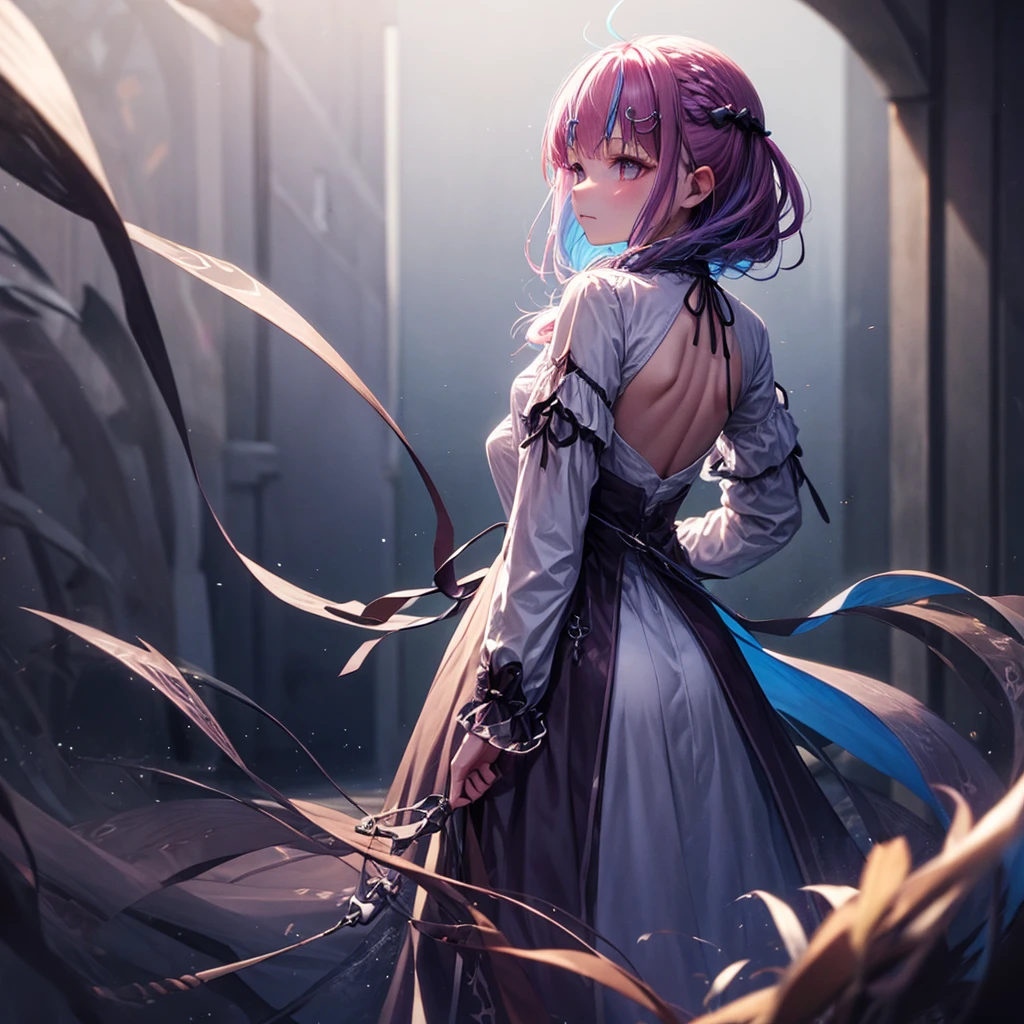 dark,Back,Go far away,faint light in the distance,a girl