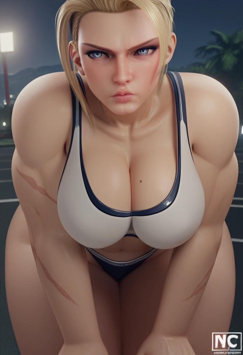 masterpiece, highest quality, highest resolution, distinct_image, detailed details) , 1 girl , solo , large breasts , large hips, cleavage, attractive body, attractive face, attractive eyes , soft skin , thin linear soft hair , one black mole under left eye , soft lips , 1 , attractive and brave facial expressions , on night , scars on arms and face , blonde hair, blue eyes, mascular muscles body , strong build body , sport bra , sport panties,