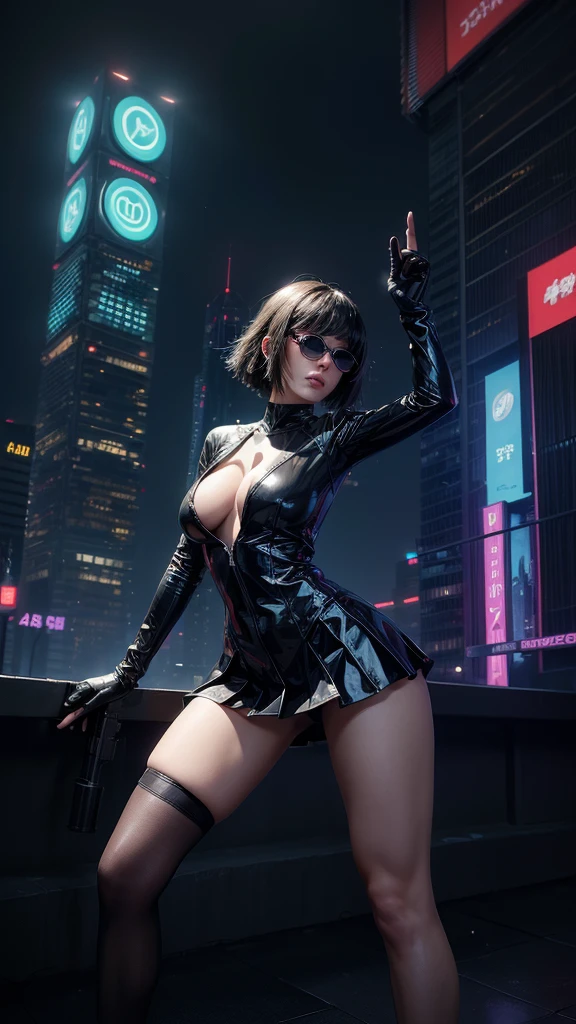 (Wide angle view). "ghost in the shell" film inspired futuristic Tokyo city, simple outlined neon tall buildings, (OLED holographic portrait on buildings), glowing giant clock tower, 1drone, lightning, 3D rendering Beeple. At night, (1girl, solo, alone), photorealistic, medium-breast slim:0.6 body, oval:0.5 face, cleavage:1.1, sexy costume with deep-v, low view pleated miniskirt, ((upskirt)), glove, (Matrix style black micro sunglasses), ((aiming viewer with a short gun)), (running pose), (half-body thigh level close-up shot), cinematic lighting, ray tracing.