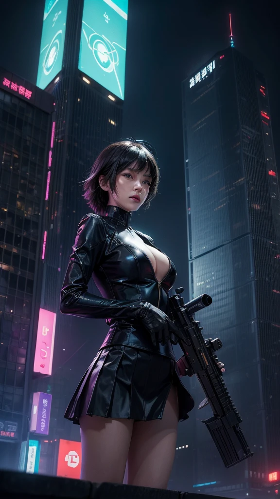 (Wide angle view). "ghost in the shell" film inspired futuristic Tokyo city, simple outlined neon tall buildings, (OLED holographic portrait on buildings), glowing giant clock tower, 1drone, lightning, 3D rendering Beeple. At night, (1girl, solo, alone), photorealistic, medium-breast slim:0.6 body, oval:0.5 face, cleavage:1.1, costume with deep-v, low view pleated miniskirt, ((upskirt)), glove, (Matrix style black micro sunglasses), ((aiming viewer with a short gun)(running pose), (half-body thigh level close-up shot), cinematic lighting, ray tracing.