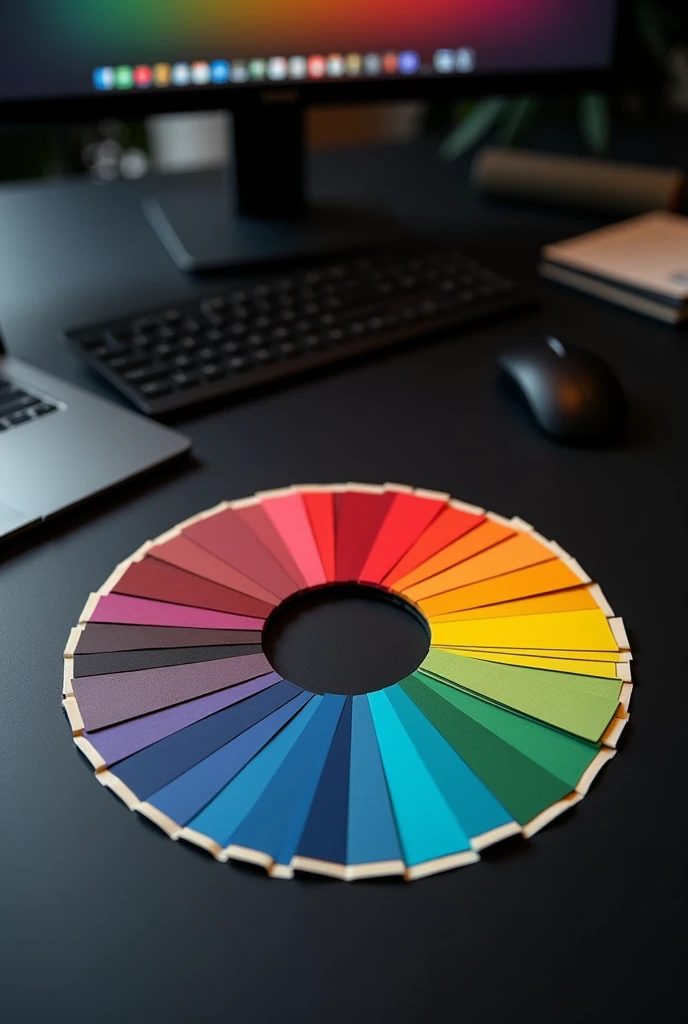 Generate a color wheel photo of a color palette on a black table , with a computer. in the digital marketing scene with a minimalist black style 
