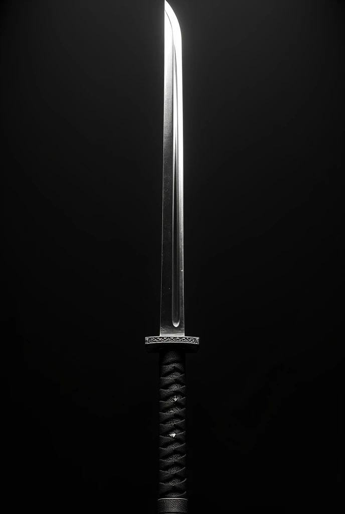 A black and white katana with perspective From bottom to yes to top