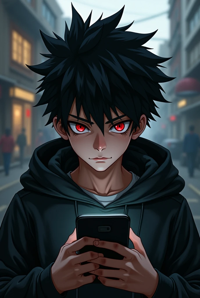 boy , Spiky hair , black hair , black hoodie , red eyes , narrowed eye , smirk , plays phone 
