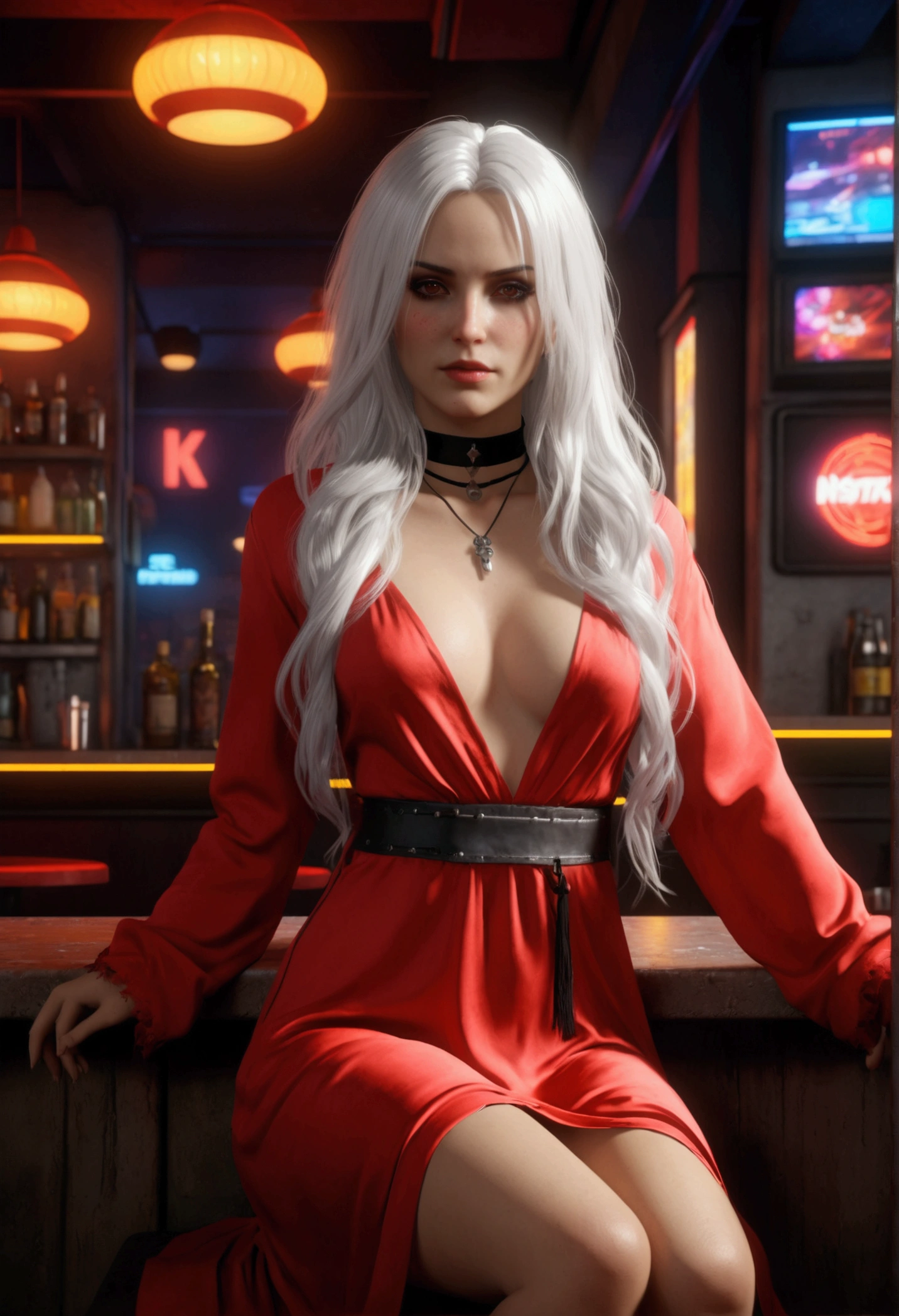 ((Masterpiece, Best Quality, Highest Image Quality, High Resolution, Photorealism, RAW Photos, 8k)), Upper body, A female game character, 3d Graphics, long hair, white hair, red silk dress, nightgown, long sleeves, grunge fashion, gothic choker, elbow gloves, panties, sit with legs spread, in the bar, cyberpunk 2077 background, neon lights, unreal engine