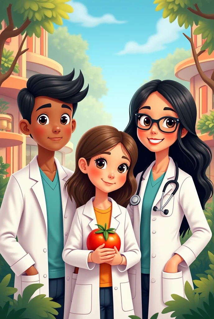 Disney style image with 3 nutritionists standing, a nutritionist boy with short black hair in a white doctor's coat, a nutritionist girl with shoulder-length brown straight hair who also has a white doctor's coat and a girl with long wavy black hair and glasses who has a white doctor's coat