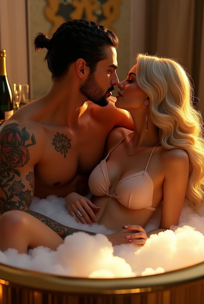 Couple in love young sexy Rude gangster with black hair shaved on the sides with braids brown eyes thick lips athletic body masculine energy and sexy defined chin trimmed beard colored tattoo marked biceps Kiley woman rude Colombian beautiful defined features long blonde hair thick lips are inside a golden bathtub with foam on one side a bottle of champagne with some glasses in a room