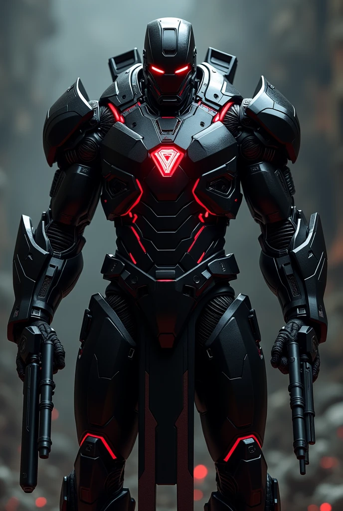 Black iron man, red eyes, red highlights, shoulder cannon, wrist machine guns