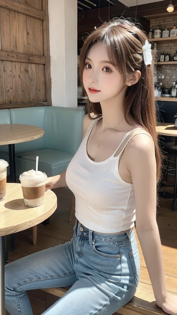 (realistically, Une haute résolution:1.3), 1 fille avec un corps parfait, Visage et yeux super fins,cheveux longs et blancs, Random Color Tank Top:1.2, pantalon en jean court, in a coffee shop, Du vin rouge sur la table, Huge tit,