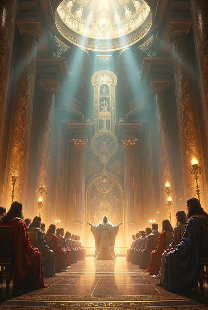 A room where several gods are meeting, showing a room, a larger room with gods that contain power.
