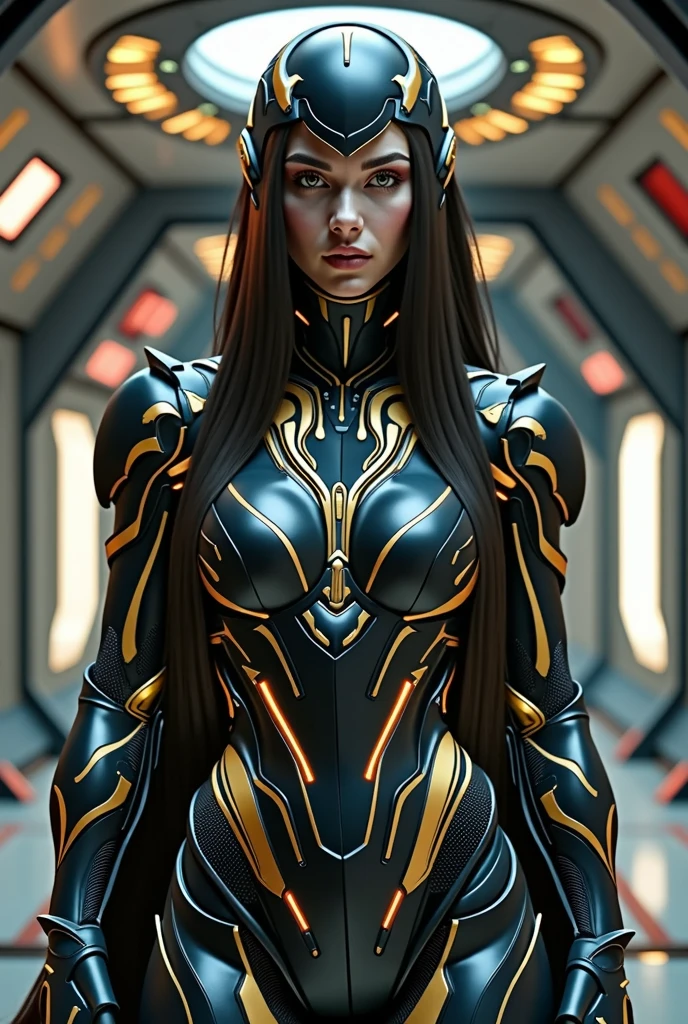 A beautiful and elegant nine-headed beauty from the East, slim ,  Overwatch D.va style , sexy , All black with gold pattern, Healthy beauty with muscles, Matte thin black tights covering the entire body, long straight hair, Futuristic design, Same thing, 8k , Background inside a future spaceship, Helmet with metal accents like Iron Man suit, visible face, hands, elbows, shoulders, knees, boots , No skin exposure, Draw me a sexy female combat suit. head->Full body drawing including feet. Image ratio horizontal 16: Vertical 9.