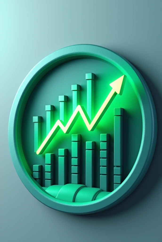 "Create a circular mobile app icon with 3D effect. The icon should show a rising line chart, with a bright green ascending line indicating financial growth. The icon background should have a smooth texture, like brushed metal, in shades of blue or gray, which adds depth and realism to the design. The icon border should be lightly shaded to reinforce the 3D effect. Subtle Financial Elements, as embossed vertical bars, can be included in the background to complement the theme, but without taking the focus off the ascending line."