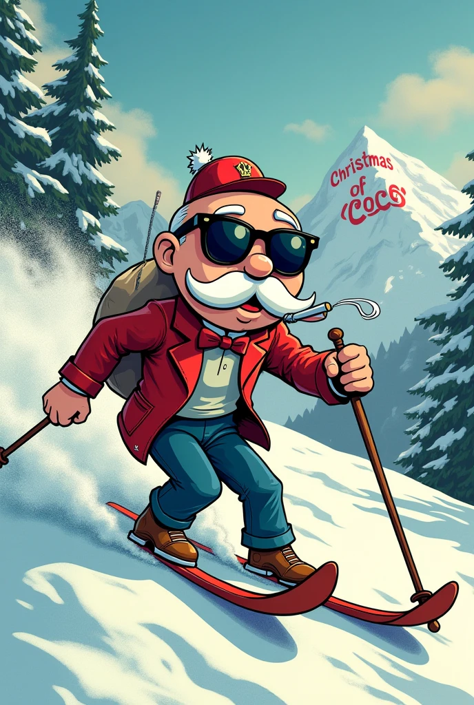 Mr. Monopoly with black tinted glasses with a joint in his mouth completely wasted who skis down a mountain with a big bag full of white powder and on the mountain an avalanche behind him with Christmas coco written on the avalanche and in cartoon style