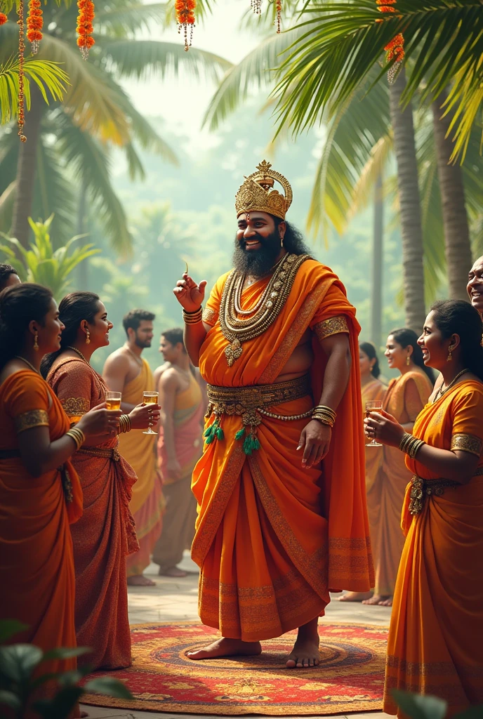 Kerala king Maveli
Using mobile, bluetooth speaker 
Happy with party
Cooling glass 