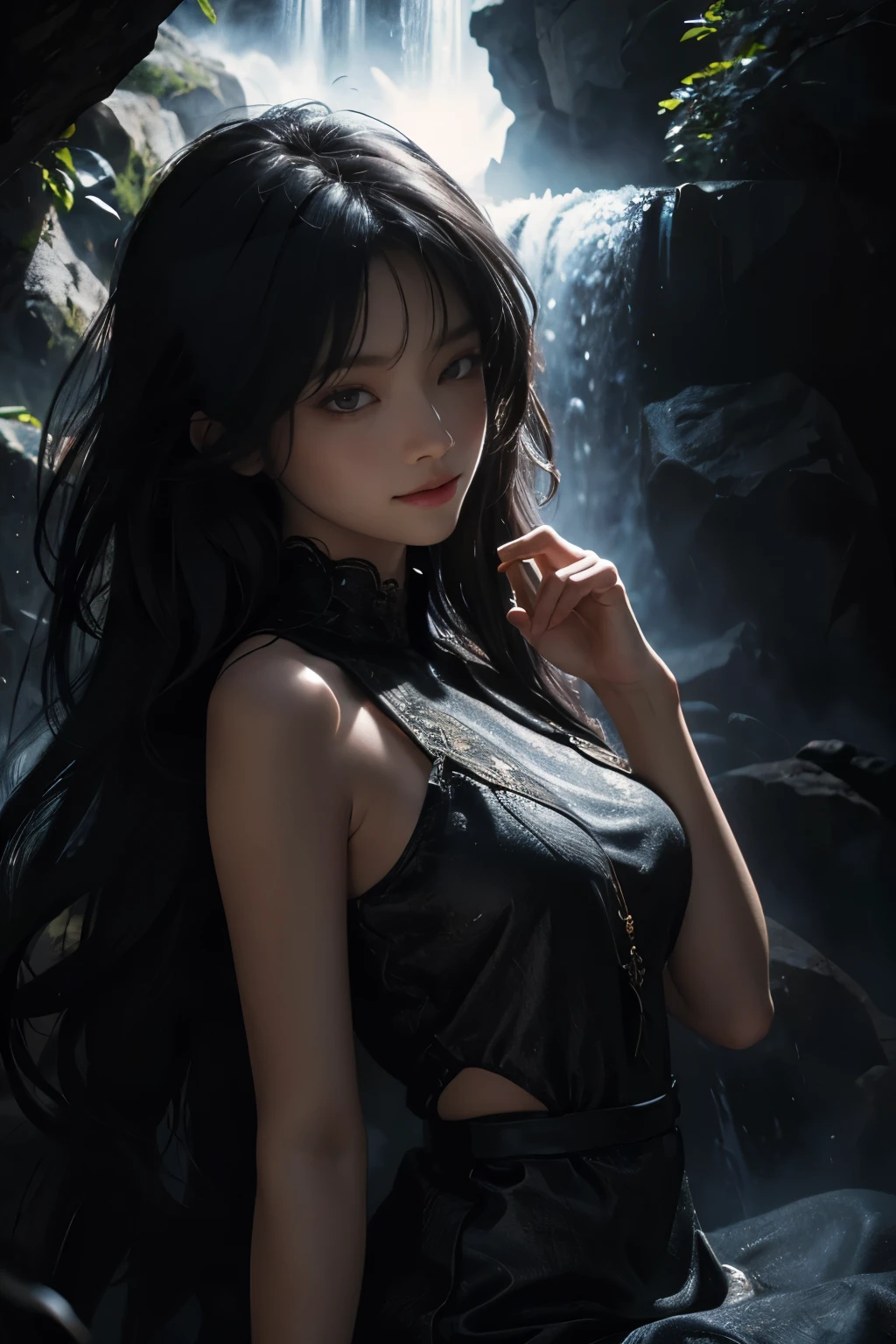 (ultra realistic) , (illustration), (increase resolution), (8K), (extremely detailed), (best illustration), (beautiful detailed eyes), (best quality), (ultra-detailed), (masterpiece), (wallpaper), (detailed face), 1 girl, black straight hair, slender body, delicate details, in the dark, deep shadow, low key, pureerosfaceace_v1, happy smile, summer dress, waterfall, rainforest