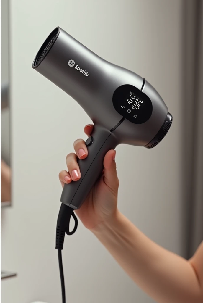 Hair dryer with a smartwatch-type touch screen that does not make noise while drying your hair and can play my playlist to listen to Spootify