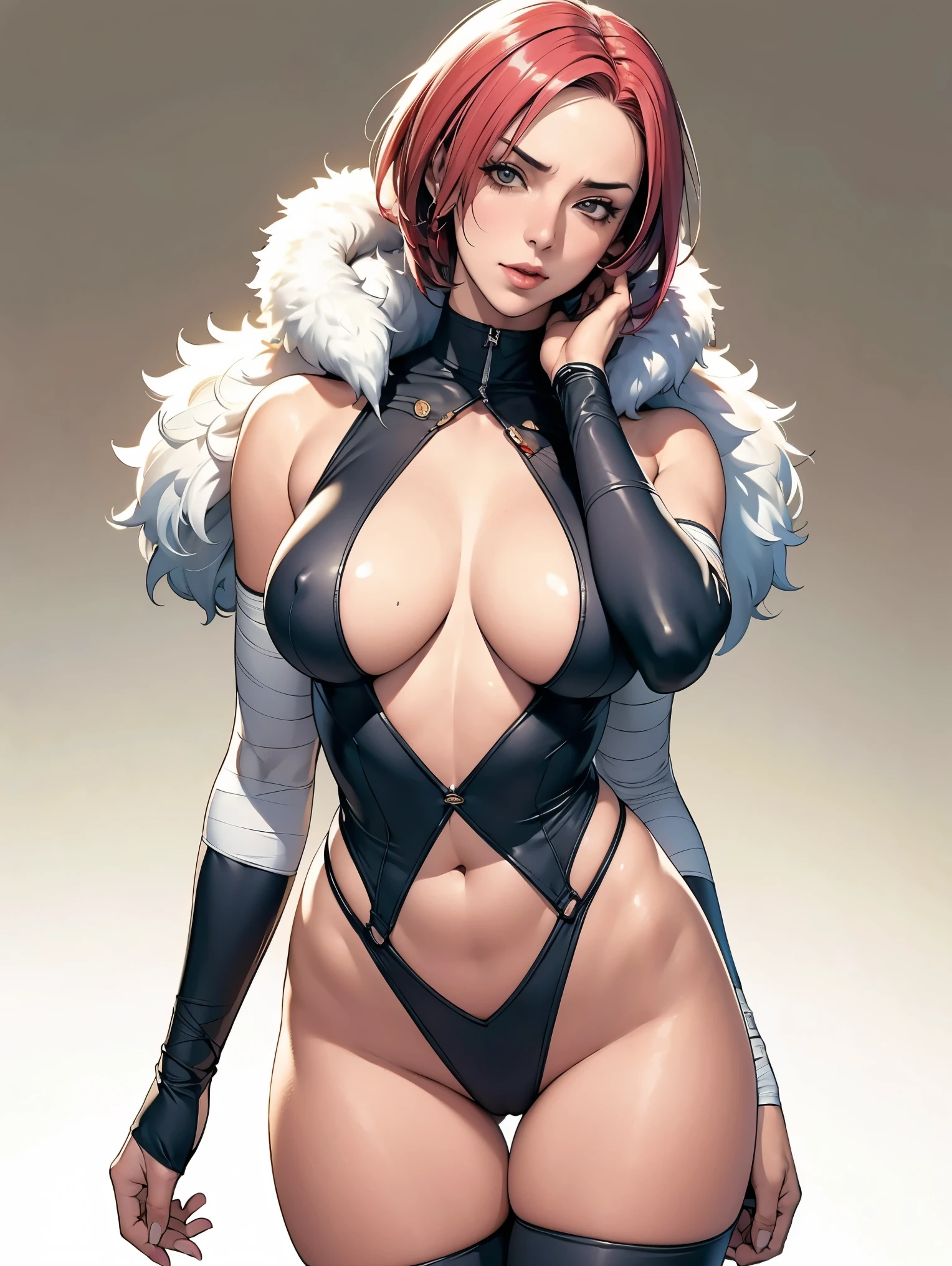 (((Annie Lennox))), (((colorful suit))), (scars), (((bandaged arms))), (((colorful clothes))) (( hood)), (((best quality: 1.4))), (Unbeatable masterpiece), (hyper HD),(CG 8k hyper-realistic), beautiful face, (((breasts big))), (((hyper feminine))), sexly girl, ((round face)), black tattoo,(ultra short red hair with white highlights)), ((( sculptural body ))), (((1 Kizi))), Kizi tatuada de 25 anos com perfect body, perfect hands, perfect fingers ,Beautiful and well-groomed face, (round face), muscular body:1.2,solid color detailed jacket, (Head to thigh photos), Complex equipment, ,Tight clothes,With white stars and off-white stripes,,,,,Armor Metal Electronic Parts, Poison tattoos ) INFO, Kizi, (((standing alone))), , 24歳, sexy, pose de attitude, work of art, dancing, ((slight smile)), post-apocalypse, (((manga style))), bounty hunter, the way you want, perfect body, roupa moderna, advanced technology, white, yellow accent, black, red accent, fur collar jacket, sleeves with vertical striped pattern, background city, (( cowboy shot )). intricate visual, narrow waist, (((wide hips))), wide hips, fit thighs, (((thigh gap))), Thigh gap, background shows a futuristic airplane, open expression, expression happy