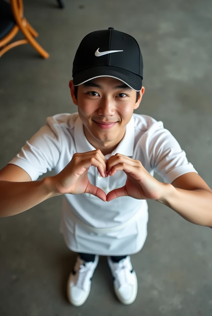 top view of a young Indonesian man,wearing a nike baseball cap,wearing a waiter uniform with apron,white Nike shoes, standing looking at the camera above ((while his hands sign Cute Korean Mini Love Saranghae Hand Sign)).((making a heart shape with his hands))perfect lighting