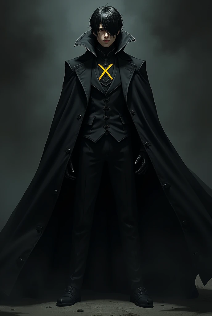 black hair, man , black cloak, left eye closed with a patch, yellow iron X in the middle of the suit