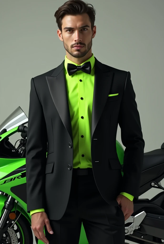 A man in a black tuxedo with a neon green button shiet under the tux with a green honda cbr300r
