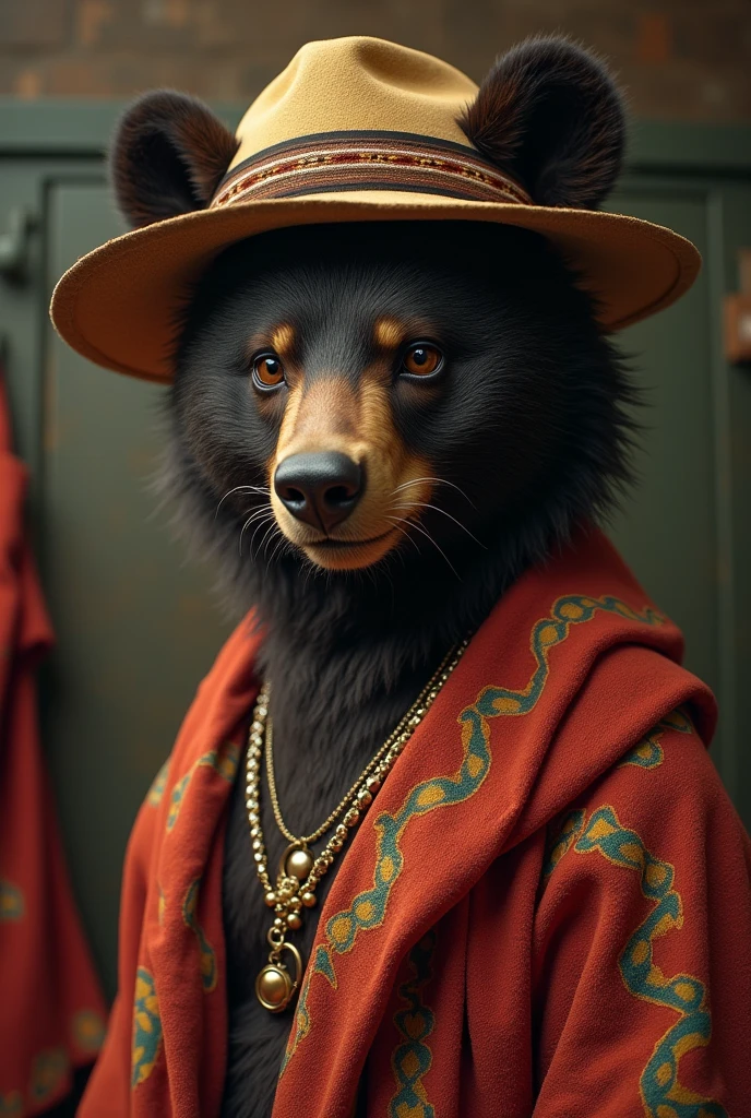 spectacled bear, tender, elegant, beautiful, with typical clothes from the Andean area, something in the locker room that characterizes her as a boxer, black, Make it look like she&#39;s a woman and make her look young with a hat and makeup and without looking like a human.