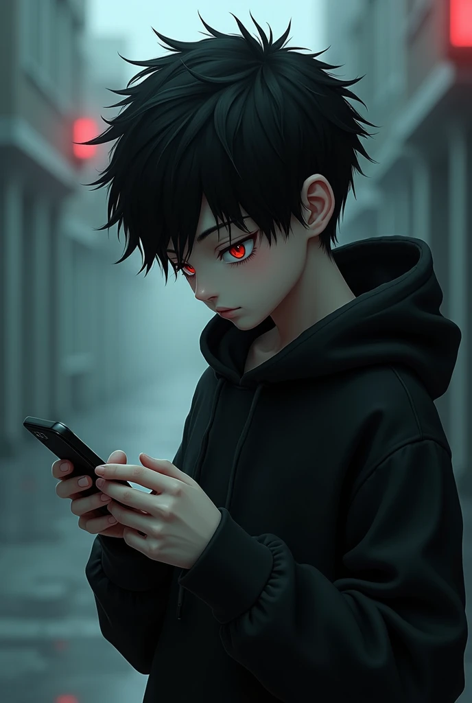 boy , Spiky hair , black hair , black hoodie , red eyes , narrowed eye , plays phone 
