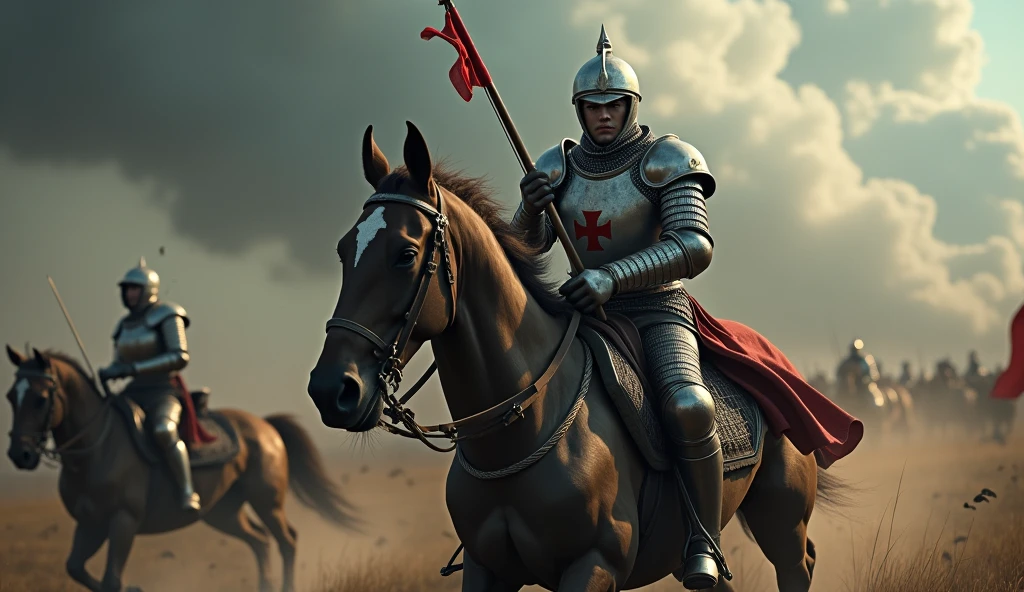 A close-up of an iconic 14th-century French knight charging into battle on a powerful warhorse. The knight is clad in gleaming armor, with a distinctive crest on his helmet, reflecting the faint light of a clouded, smoke-filled battlefield. His lance, adorned with a battle-worn pennant, is held firmly in his hand as he prepares to strike. The warhorse, muscular and intense, kicks up earth as it gallops forward, its nostrils flaring and eyes wide with the fury of battle. The scene is shot from a slightly off-center angle, giving a dynamic perspective that emphasizes the knight's determination and the sheer force of the charge. The background is a blur of swirling smoke and dark clouds, adding to the sense of chaos and impending conflict. Dust and debris are kicked up by the horse's hooves, heightening the dramatic tension. The overall mood is dark and cinematic, capturing the raw power and intensity of medieval warfare in a moment of frozen time., Surrealism, Hyperrealism, UHD, retina, masterpiece, accurate, anatomically correct, textured skin, super detail, 16k