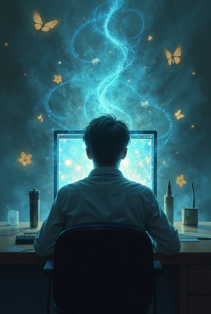  A person sitting in front of a computer, with the screen reflecting a fantasy world, but with empty eyes and a tired expression. around, small characters representing different emotions and situations related to addiction.] Let the image be creative

