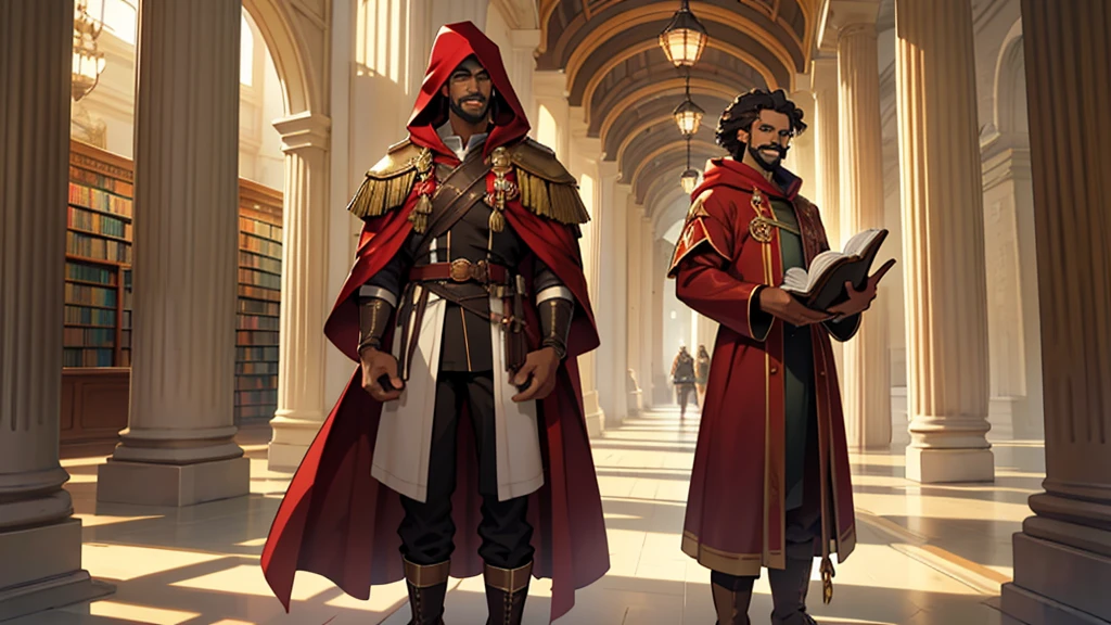 create a full-length head to toe image, man with mocha skin tone, dark brown long curly afro hair, green eyes, goatee and mustache, facial expression smiling, wearing long red with golden trim hood up over his head and brown leather boots, standing holding a large book with both hands in a library with large white columns