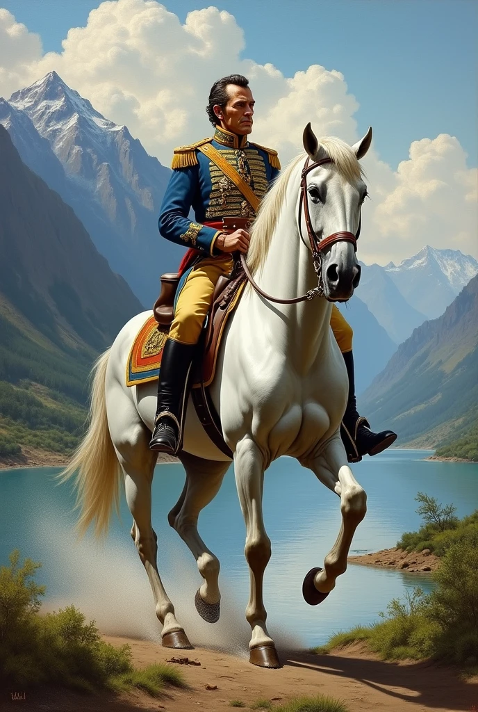 Simon Bolivar the Colombian Liberator riding a white Thoroughbred horse on the bank of a river