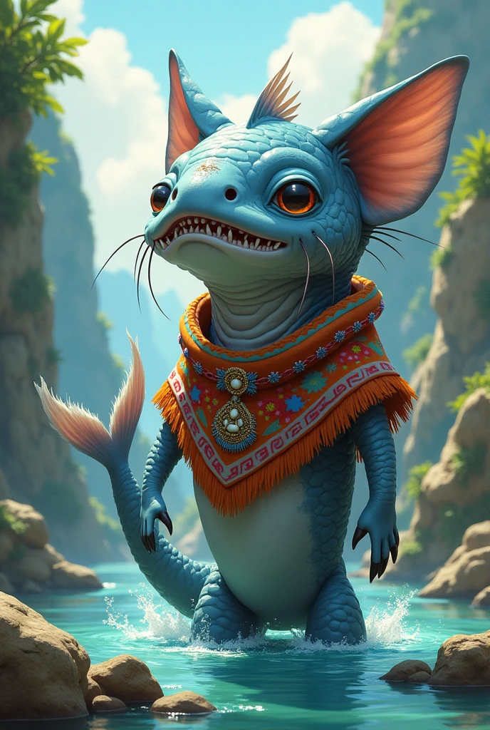 generate a mohan or a giant catfish with big fangs and a humanoid shape that is cute and tender with typical clothing from the Andean region and that lives in the water